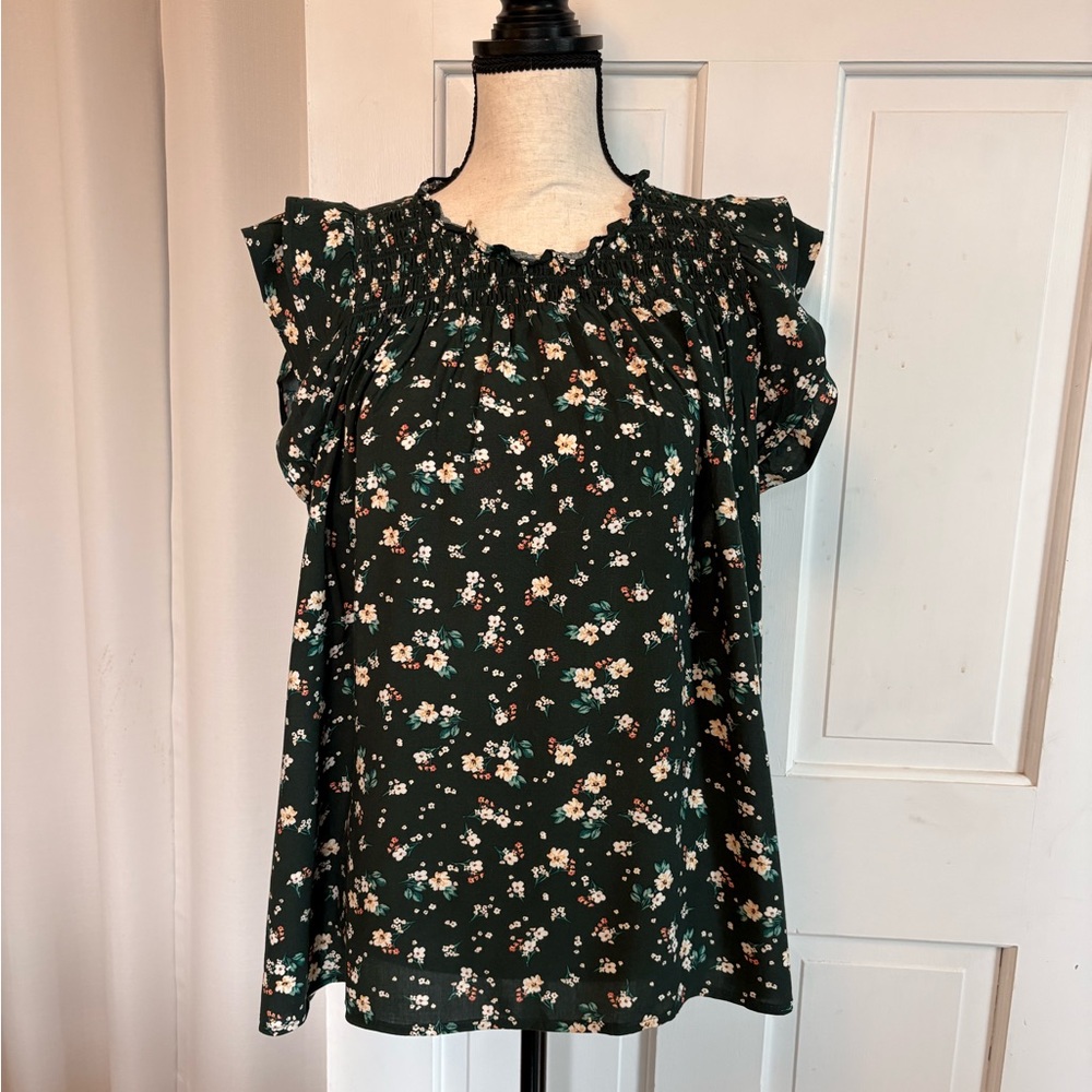 Old Navy Dark Green Floral Smocked Neck Flutter Sleeve Blouse